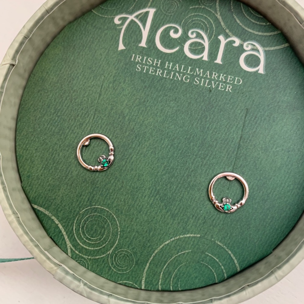 Acara Irish Silver Green Crystal Claddagh Earrings